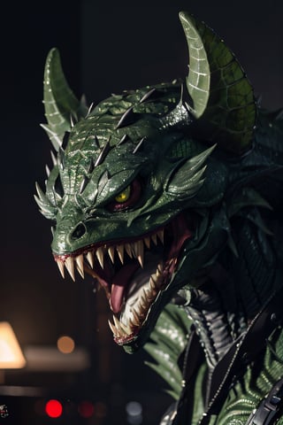 Generates a high quality image, masterpiece, extreme details, ultra definition, extreme realism, high quality lighting, 16k UHD, a mutant, scaly green skin, sharp teeth, torn and dirty clothes, bulging eyes