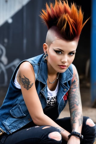 Creates a very high quality image, extreme details of realism, ultra definition, 16k UHD, beautiful girl, hair shaved on the sides and red mohawk in the center, beautiful brown eyes, piercing on the face, dirty t-shirt punk band logo, vest Dirty and worn jeans, dirty and worn jeans, military boots, spray can in hand, angry expression