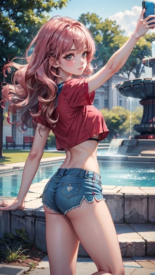 Creates a high quality image, extreme detail, ultra definition, extreme realism, high quality lighting, 16k UHD, a girl, pink wavy hair, ((short red crop top, blue shorts)), taking a selfie in a park next to a fountain
