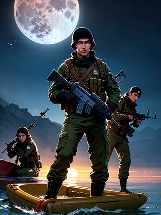  2 men, in tactical military uniforms, on a cold night, getting off a rubber boat on the beach, carrying assault rifles, a full moon barely illuminates the scene, ,gun,war