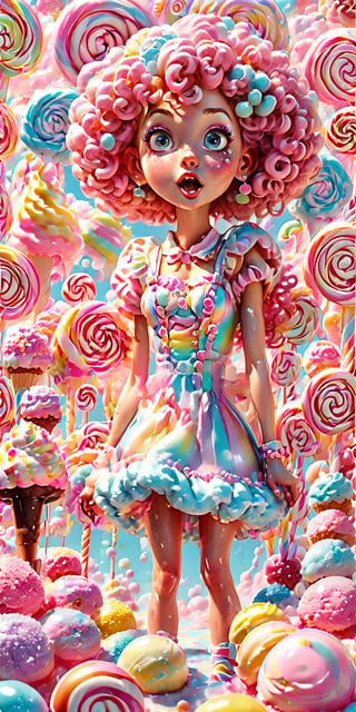 beautiful kawaii naughty girl, hyper detailed, cotton candy curly hair, candy freckles, bright makeup, holographic transparent candy dress, close-up portrait, highly detailed illustration, candyland character design, surrounded by swirls of ice cream and cream butter Pale pastel colors, bubblegum bubbles, gradient background. the candy girl