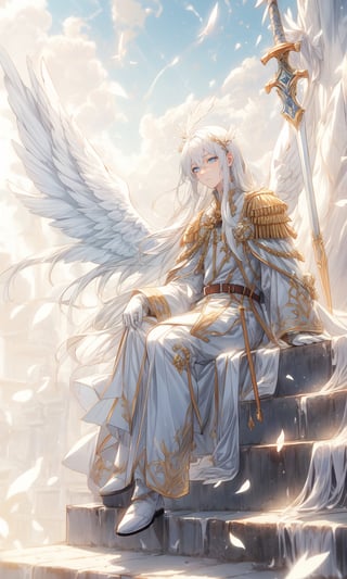 1 man, strong, angel, angel wings, white angel wings, short bright white hair, straight hair, #87CEFA eyes, heaven, sunny sky, pale skin, angelic army uniform, military uniform, white clothes, sheathed sword, angelic body, beautiful, mature woman, angel halo, sitting on an cloud