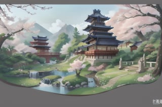 Concept art, top-down view, Game scenes, miniature maps, tree, scenery, no humans, water, stairs, grey background, bridge, east asian architecture, house, grass, pond, cherry blossoms, architecture, river, outdoors, building, simple background, bush,