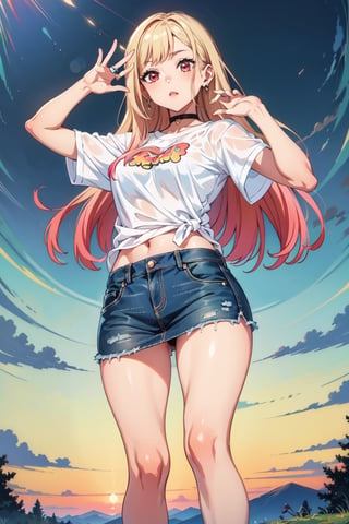 (masterpiece, best quality, highres:1.3), ultra resolution image, wearing white and light blue t-shirt and denim skirt and converse, pose,Kitagawa marin ,High detailed ,perfect