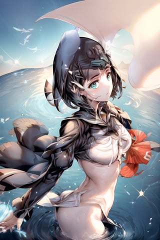 tall and slender, with a graceful bearing, upper_body,  frozen background, light,  sunlight,  magic,  lake,   clothes,  floating_hair,  floating water, water magic,  white armor ornaments,  flowers,  sunshine,  light reflections  ,(suguha:1.4),masterpiece