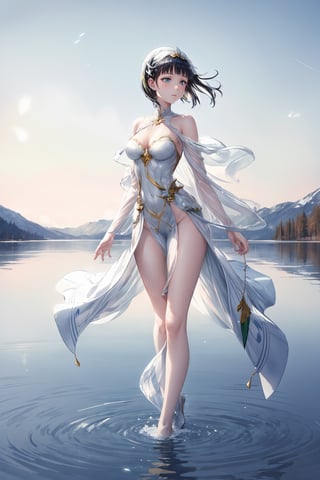 tall and slender, with a graceful bearing, upper_body,  frozen background, light,  sunlight,  magic,  lake,   clothes,  floating_hair,  floating water, water magic,  white armor ornaments,  flowers,  sunshine,  light reflections  ,(suguha:1.4),masterpiece