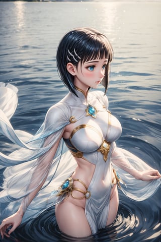 tall and slender, with a graceful bearing, upper_body,  frozen background, light,  sunlight,  magic,  lake,   clothes,  floating_hair,  floating water, water magic,  white armor ornaments,  flowers,  sunshine,  light reflections  ,(suguha:1.4)