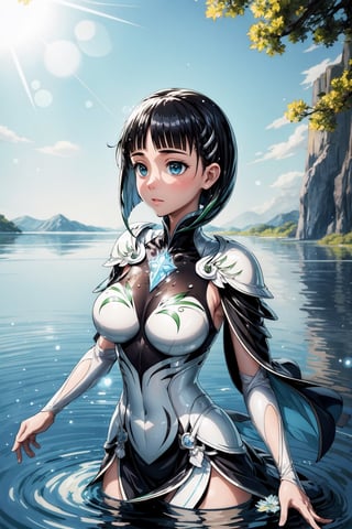 tall and slender, with a graceful bearing, upper_body,  frozen background, light,  sunlight,  magic,  lake,   clothes,  floating_hair,  floating water, water magic,  white armor ornaments,  flowers,  sunshine,  light reflections  ,(suguha:1.4),masterpiece