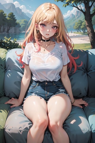 (masterpiece, best quality, highres:1.3), ultra resolution image, wearing white and light blue t-shirt and denim skirt and converse, pose,Kitagawa marin ,High detailed ,perfect