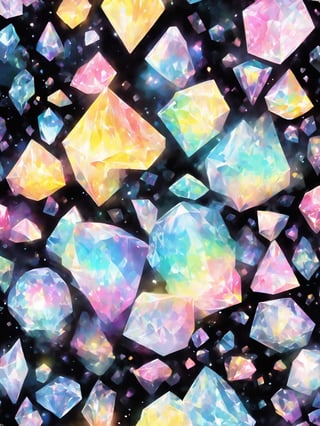 a collection white translucent diamonds, (holographic iridescent gradient) diamonds, glowing, black background:10, grainy, shiny, pastel colors:3, colorful (yellow, white, pink), aura_glowing, colored_aura, bottom of frame, middle of frame, no_human, dripping paint