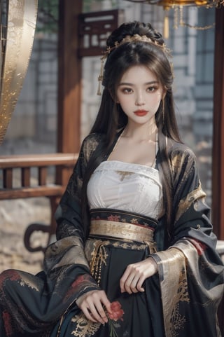 mature, fully clothed, (extremely detailed CG unity 8k wallpaper), ANCIENT_CHINESE_CASTLE_GARDEN_BACKGROUND, (((masterpiece))), (((best quality))), ((ultra-detailed)), (best illustration), long black hair, ambiguous smile, show navel, elegant clothes, fully clothed, ancient chinese cloth, elegant poses, (best shadow), ((an extremely delicate and beautiful)), ((gold-red black theme: 1.5)), high contrast,  Embody the allure of an ancient princesse, exuding beauty, sensuality, and charm. mesmerizing eyes, conveying mystery and allure, elegant and alluring, a slender physique, thin waist, and an aura of mystique, adorned with intricate patterns or ornate details, ink, fujimotostyle, oilpainting, tangdynastyhanfu, chang