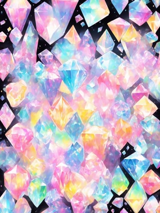 a collection white translucent diamonds, (holographic iridescent gradient) diamonds, glowing, black background:10, grainy, shiny, pastel colors:3, colorful (yellow, white, pink), aura_glowing, colored_aura, bottom of frame, middle of frame, no_human, dripping paint