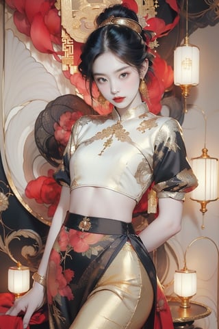 (extremely detailed CG unity 8k wallpaper), ANCIENT_CHINESE_CASTLE_GARDEN_BACKGROUND, (((masterpiece))), (((best quality))), ((ultra-detailed)), (best illustration), hair tied up, ambiguous smile, show navel, elegant clothes, fully clothed, ancient chinese cloth, elegant poses, (best shadow), ((an extremely delicate and beautiful)), ((gold-red black theme: 1.5)), high contrast,  Embody the allure of an ancient princesse, exuding beauty, sensuality, and charm. mesmerizing eyes, conveying mystery and allure, elegant and alluring, a slender physique, thin waist, and an aura of mystique, adorned with intricate patterns or ornate details, ink, fujimotostyle