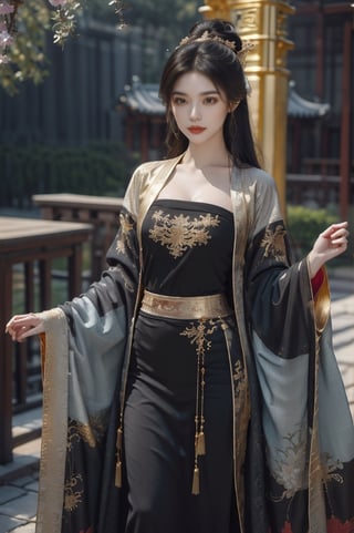 mature, fully clothed, (extremely detailed CG unity 8k wallpaper), ANCIENT_CHINESE_CASTLE_GARDEN_BACKGROUND, (((masterpiece))), (((best quality))), ((ultra-detailed)), (best illustration), long black hair, ambiguous smile, show navel, elegant clothes, fully clothed, ancient chinese cloth, elegant poses, (best shadow), ((an extremely delicate and beautiful)), ((gold-red black theme: 1.5)), high contrast,  Embody the allure of an ancient princesse, exuding beauty, sensuality, and charm. mesmerizing eyes, conveying mystery and allure, elegant and alluring, a slender physique, thin waist, and an aura of mystique, adorned with intricate patterns or ornate details, ink, fujimotostyle, oilpainting, tangdynastyhanfu, chang