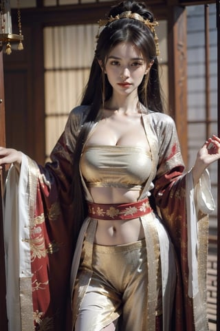 handsom, mature, seductive, captivating, looking at viewer, extreme close up, upper body only, red hanfu, (extremely detailed CG unity 8k wallpaper), (((masterpiece))), (((best quality))), ((ultra-detailed)), (best illustration), long black hair, ambiguous smile, show navel, elegant clothes, fully clothed, ancient chinese cloth, elegant poses, (best shadow), ((an extremely delicate and beautiful)), ((gold-red theme: 1.5)), high contrast,  Embody the allure of an ancient princesse, exuding beauty, sensuality, and charm. mesmerizing eyes, conveying mystery and allure, elegant and alluring, a slender physique, thin waist, and an aura of mystique, adorned with intricate patterns or ornate details, ink, fujimotostyle, oilpainting, chang, beautyniji