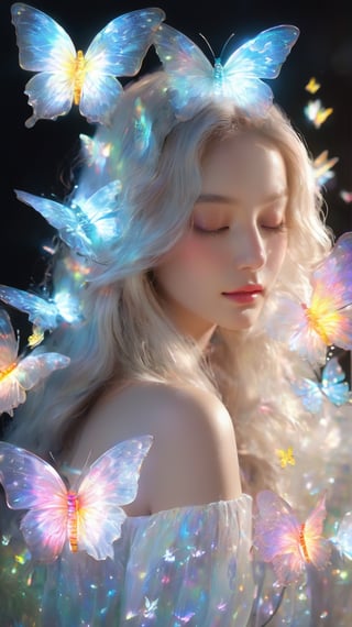 1girl, 20 year old mature female, mature female:2, 范冰冰, (holographic iridescent gradient) butterflies, glowing butterflies, realistic artwork, high detailed, with glowing backlit panels, black background:5, grainy:3, shiny:3, vibrant colors, colorful (yellow, white, pink), ((realistic skin)), contrasting shadows:4, photographic, aura_glowing, colored_aura, transparent_clothing, (transparent_butterflies are part of her body), sleeping:1.4, butterfly_helmet, ((depth_of_field)), epic pose, realism, dreamy, complex background, enchanting dark forest background, very complex background, dreamy background, colorful fireflies, detailed face, glowing strapless white dress, glowing translucent hair, white hair, long hair, photo realistic, niji style, xxmixgirl, FilmGirl, FilmGirl