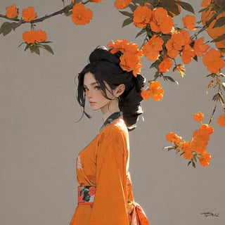 portrait of a woman, orange theme, dfdd, black hair
