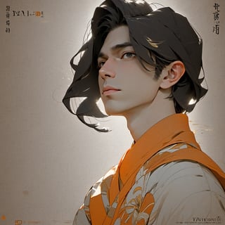 portrait of a men, orange theme, dfdd, black hair, white skin, close up, facing_viewer 