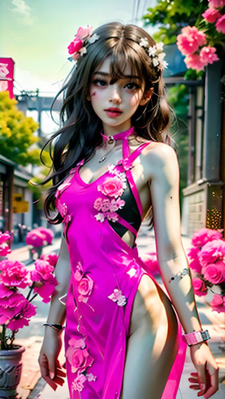 dress opening revealing hentai lingerie sex front view , Autumn style, pink and yellow flowers blooming, depth of field, Pink flowers and lighting bokeh as background, pink and white Boss dress , 1girl, (chinese naughty beauty:1) snow-white delicate skin, long light brown curly hair, and a silver hairpin on her head. The eyes are a deep brown color big and charming, wearing pink and white long Boss dress, and long scaf, choker around the neck, full of mysterious stories. With pale pink lips, smiling and loughing, charming and cute. FilmGirl, xxmix_girl, detailed eyes, perfect eyes, mouth small,  3d style, light bokeh backgroud,3d style,isni,Movie Still,3d,3d render,dream_girl ,blurry_light_background,,girl,see-through,