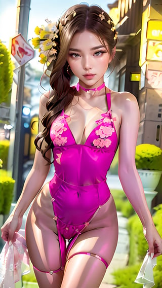 (Bikini:1) sexy front view, pink and yellow flowers blooming, depth of field, Pink flowers and lighting bokeh as background , 1girl, (chinese naughty beauty:1) snow-white delicate skin, long light brown curly hair, and a silver hairpin on her head. The eyes are a deep brown color big and charming, wearing pink and white long Boss dress, choker, full of mysterious stories. With pale pink lips, smiling and loughing, charming and cute. FilmGirl, xxmix_girl, detailed eyes, perfect eyes, mouth small,  3d style, light bokeh backgroud,3d style,isni,Movie Still,3d,3d render,dream_girl ,blurry_light_background,,girl,see-through,