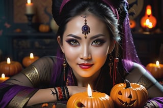 i'll put a spell on you, taunting  greedy eagerly possesssive lovable aroused Oriental spellcaster, detailed soulful piercing  eyes, greedy look, eyes locked on the viewer, slight evil smile,Halloween atmosphere, fit to frame, photo-realistic,