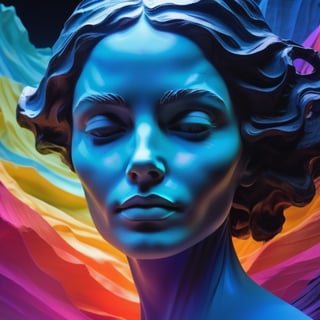 dark sky,an abstract waves of some colors blending together conforming a woman face,in the style of rendered in cinema4d,crumpled,ethereal sculptures,32k uhd,light-filled landscapes,single object,neon realism