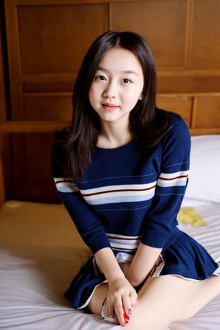 a beautiful child,30 years old,in a bedroom, blue eyes,wears school uniform skirt,8k,European,big breasts,topless, pretty girl,correct anatomy,maximum realism,best quality,slender body,long black hair,nude, smile face, hotel room, (lying on bed), 