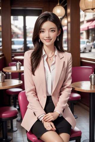 1girl, (solo), smile, white shirt, high heels, in cafe, black and brown long straight hair, pink blazer, jewelry, earrings, lips, solo, blue eyes, (full body:1.4), xxmix_girl