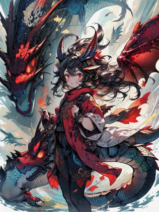 best quality, masterpiece, illustration, 1 girl, solo, (Animal ear: 1.1), dragon ears, dragon tail,dragon wings,(dragon scales:1.2), dragon girl, dragon, downy,red eyes, glowing eyes, crazy smile, flying, waving wings