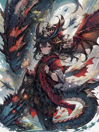 best quality, masterpiece, illustration, 1 girl, solo, (Animal ear: 1.1), dragon ears, dragon tail,dragon wings,(dragon scales:1.2), dragon girl, dragon, downy,red eyes, glowing eyes, crazy smile, flying, waving wings