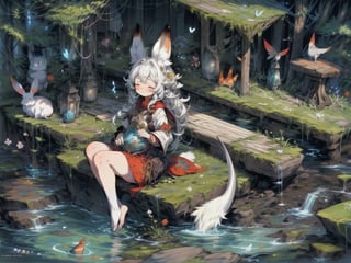 best quality, masterpiece, illustration, 1 girl, solo, full body, blank background, (Fantasy world style: 1.1), (Animal ear: 1.1), tail, (Cute style: 1.1), fish, dragon, bird, cat, rabbit, mouse, butterfly, fox, downy, closed eyes,sleeping,light smile,cute