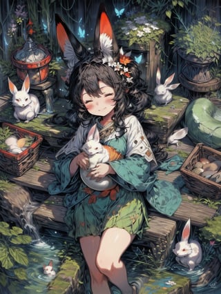 best quality, masterpiece, illustration, 1 girl, solo, full body, blank background, (Fantasy world style: 1.1), (Animal ear: 1.1), tail, (Cute style: 1.1), fish, dragon, bird, cat, rabbit, mouse, butterfly, fox, downy, closed eyes,sleeping,night,light smile,cute