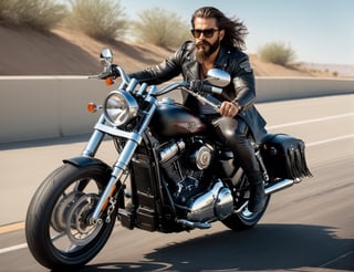 full body, Handsome man in leather and glasses on racing motorcycle on highway, Harley-Davidson,mafia, long hair, bushy mustache and beard, artstation trend, sharp focus, studio photo, intricate details, very detailed, by greg rutkowski, side at view, 
