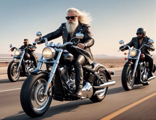 full body, 5 Handsome man in leather and glasses on racing motorcycle on highway, Harley-Davidson,mafia, white long hair, bushy mustache and beard, artstation trend, sharp focus, studio photo, intricate details, very detailed, by greg rutkowski, front at view, sunset,
