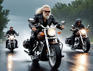full body, 5 Handsome man in leather and glasses on racing motorcycle on highway, Harley-Davidson, mafia, white long hair, bushy mustache and beard, artstation trend, sharp focus, studio photo, intricate details, very detailed, by greg rutkowski, front at view, sunset, nighttime, night_sky, Lightning, thunder,heavy rain, storm, Keep running in the rain,
