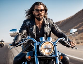 Handsome man in leather and glasses on racing motorcycle on highway, Harley-Davidson,mafia, long hair, bushy mustache and beard, artstation trend, sharp focus, studio photo, intricate details, very detailed, by greg rutkowski
