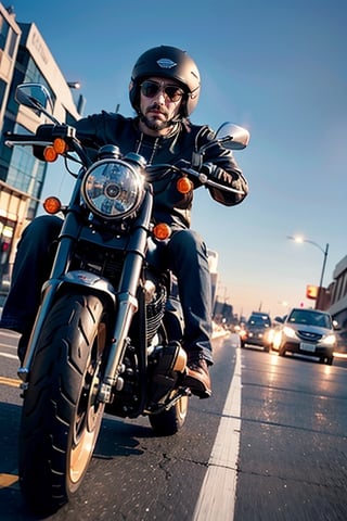 The 2023 Harley-Davidson® Sportster® S Vivid Black depicts a man speeding down the highway on a motorcycle equipped with a 1000-horsepower engine. For the man's face, draw a mustache and beard,
The motorcycle engine makes a loud noise and travels at the speed of light.
Vivid colors, the motorcycle doesn't stop and goes very fast.
Create an exciting scene themed around the summer season.
Depicting the majesty of the man, wearing sunglasses, immersed in the beam and obsession, (((the front light of the motorcycle turns on brightly))).
   The camera is far away from the man,