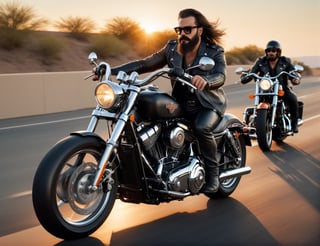 full body, 5 Handsome man in leather and glasses on racing motorcycle on highway, Harley-Davidson,mafia, long hair, bushy mustache and beard, artstation trend, sharp focus, studio photo, intricate details, very detailed, by greg rutkowski, side at view, sunset,
