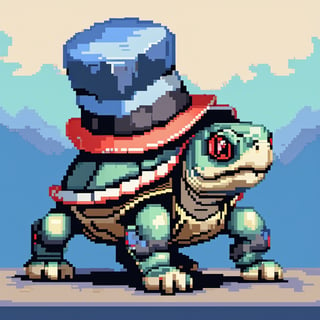 A turtle, ((with a hat on his head and red eyes:1.1)), crawling forward on all fours,(full body picture),(from the side:1.9),
A blue background,(Pixel Art :1.3), Pixel style,Comic Book-Style 2d,pixel style