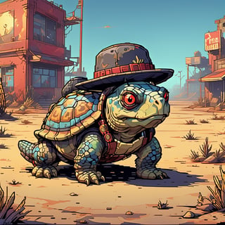 A turtle, ((with a hat on his head and red eyes:1.1)), crawling forward on all fours,(full body picture),(from the side:1.9),
A blue background,(Pixel Art :1.3), Pixel style,Comic Book-Style 2d,pixel style