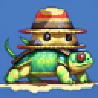 A turtle, ((with a hat on his head and red eyes:1.1)), crawling forward on all fours,(full body picture),(from the side:1.9),
A blue background,(Pixel Art :1.3), ,pixel art style,pixelartstyle