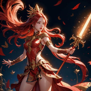 Full body image, 2.5D drawing, sexy 18 year old girl in fire goddess costume, fiery red hair with flower decoration, Pantone costume, magic valley, gold and red magic sword, light show, (Visual Arts, Abstract: 1.2) ,Fantasy,(Realism: 1.3),(Intricate Detail: 1.5),Shallow Depth of Field,Bokeh,Digital Illustration,Fantasy,AgoonGirl,1 Girl,