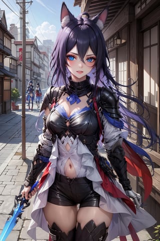 Woman with black fox ears and tail holding a spear, wearing an armor, the scenario is a japanesse studio, heterochromia, red and blue eyes