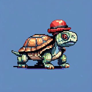 A turtle, ((with a hat on his head and red eyes:1.1)), crawling forward on all fours,(full body picture),(from the side:1.9),
A blue background,(Pixel Art :1.3), Pixel style,Comic Book-Style 2d,pixel style