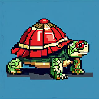 A turtle, ((with a hat on his head and red eyes:1.1)), crawling forward on all fours,(full body picture),(from the side:1.9),
A blue background,(Pixel Art :1.3), Pixel style,