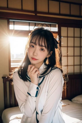 1girl, slender pale white Korean girl K-pop idol,  instagram model,  50mm, flash photography,  real life, cute face, whole body, japanese house, sunlight, sunshine, sunset,  bed, bed_sheet,black eyes,flash,GiftGirl, school_uniform,moefive,Slingshot 