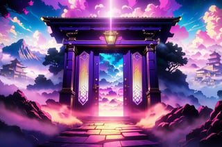 Jojo's Bizarre Adventure, secret door, landscape,  cinematic lights, atmosphere with illuminated fog, semi 2D, (use colors HEX:#7584A0, HEX:#E20281, HEX:#B92D7F, HEX:#FDC996, HEX:#878E70)