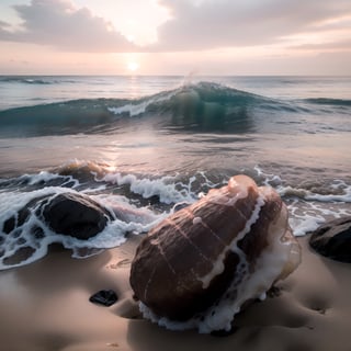 centered, photography, raw photo, | sunset cozy beach, waves, | aesthetic vibe, sunset ilumination, blue and pink color shade, | bokeh, depth of field, 