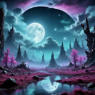  CyberpunkWorld the moon shrouded by clouds above a bog, infested with sounds of the undead, colorful, cyberpunk style, neon lights, dark mood, high contrast, (Masterpiece:1.3) (best quality:1.2) (high quality:1.1),steampunk style,cyberpunk style,Sci-fi ,DonMC3l3st14l3xpl0r3rsXL