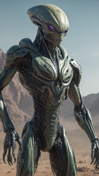 Generate hyper realistic image of an alien sentinel capable of shaping and manipulating energy, using its powers to protect the denizens of a futuristic world from imminent threats.